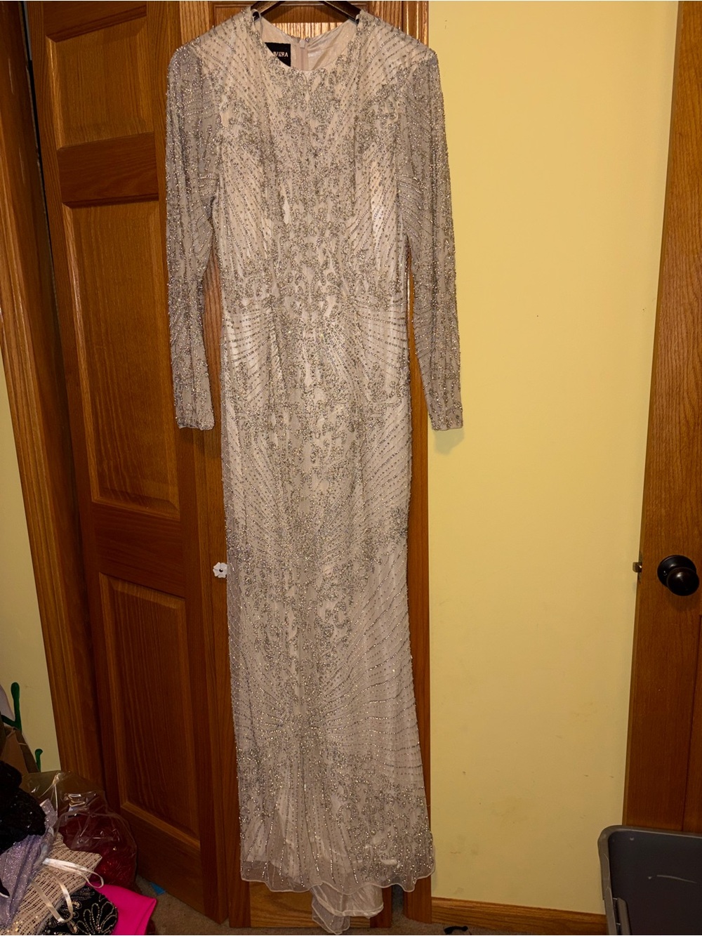 Primavera Couture 12001 Embellished Long Sleeve Silver Evening Gown